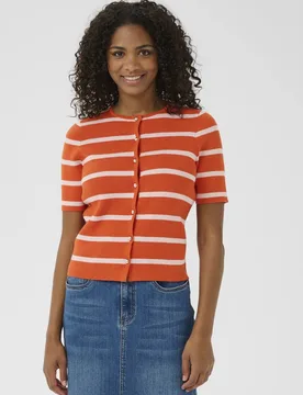 KAmorita Short Sleeve Striped Cardigan Sweater - Orange - Size: L - Kaffe - FashionsVida