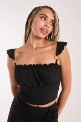 Frill Strap & Trim Crop Top - Black - Size: M