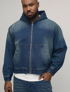 Men's Plus Washed Denim Zip Up Hoodie Mid Blue Size 2X-Large Mid Blue 2XL - boohooMAN - FashionsVida