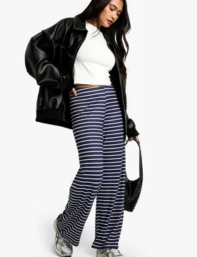 Womens Striped Supersoft Trousers - Navy - Size 10 Uk - Boohoo - FashionsVida