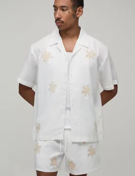 Men's Oversized Crotchet Applique Shirt and Short Set Natural Size X-Small Natural XS - boohooMAN - FashionsVida