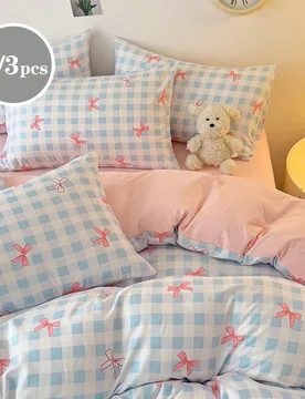 Piezas Lazo rosa, Cuadros azules, Unisex, Adecuado para ropa de dormitorio, Súper suave, Dulce y lindo, Ropa de cama Twin XL, Juego de ropa de cama d - Shein - FashionsVida