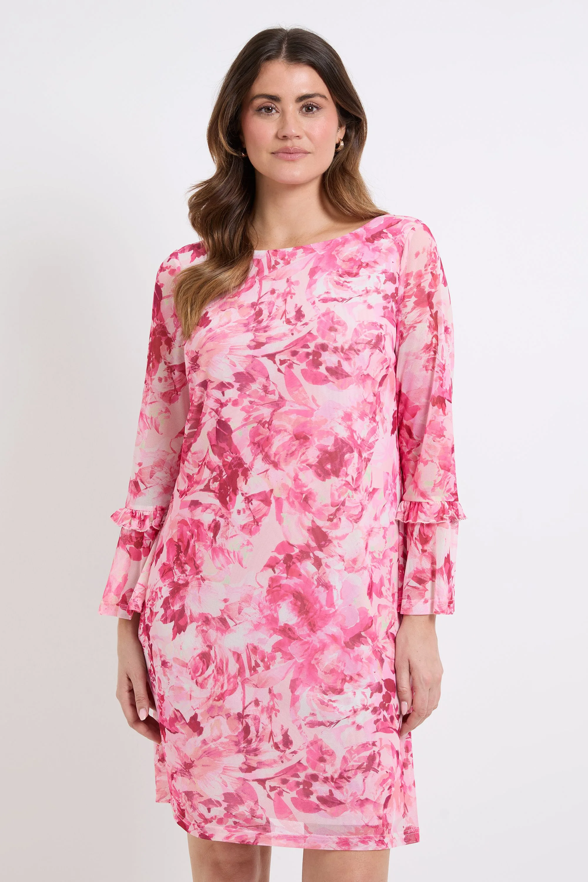 Womens Floral Mesh Ruffle Sleeve Shift Dress - Pink - Wallis - FashionsVida