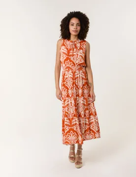 Tie Neck Keyhole Shirred Waist Dress - M/L / ORANGE - female - Blue Vanilla - FashionsVida