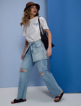 Jeans baggy a vita bassa con effetto used - blu