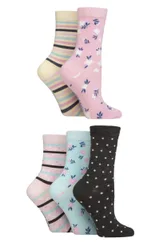 Women's 5 Pair Plain, Patterned and Striped Bamboo Socks Floral 4-8 - Multi Coloured - Size: Small
