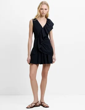 Pure Cotton V-Neck Ruffle Mini Dress Black female - French connection - FashionsVida