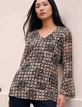 Women's Floral Printed Lace Stretch Top in Natural Size: 12 - Natural - Size: 12 - Roman - FashionsVida