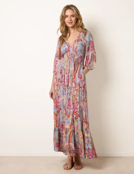 Paisley Print V Neck Maxi Dress - L/XL / MULTI - female - Blue Vanilla - FashionsVida