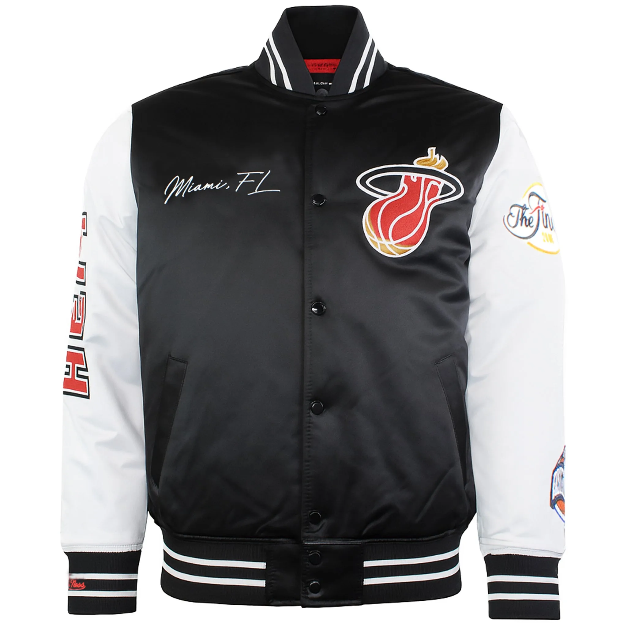 Nba Miami Heat Mens Satin Bomber Jacket - Black/white - Size Medium - Mitchell & Ness - FashionsVida