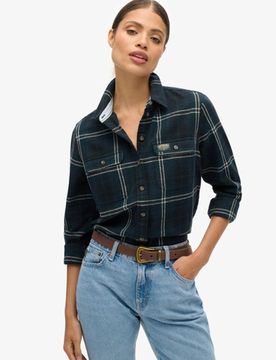 Superdry Damen Flanellhemd mit Holzfällerkaros Marineblau - Größe: 38