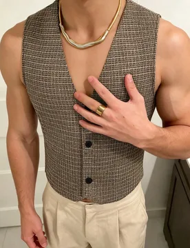 Chaleco de hombre de verano casual y de uso laboral con estampado de cuadros y de una sola hilera de botones - Shein - FashionsVida