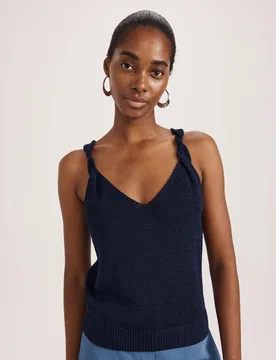 Linen Blend Textured V-Neck Vest Top Navy female - Saba - FashionsVida