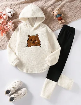 Conjunto de otoño para niñas preadolescentes con sudadera con capucha holgada de forro polar con bordado de capibara de dibujos animados + leggings, - Shein - FashionsVida