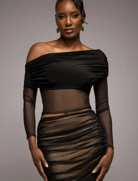 Women's Gathered Bardot Asymmetric Mesh Panel Top in Black Size: 12 - Black - Size: 12 - Goddiva - FashionsVida
