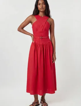 Women's Premium Tailored Linen Halter Neck Belted Full Midi Dress in Red Size: 8 - Red - Size: 8 - Karen millen - FashionsVida