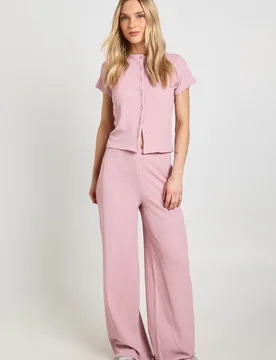 Womens Petite Crinkle Rib Button Through Cap Sleeve Top And Trouser Set - Pink - Size 8 Uk - Boohoo - FashionsVida