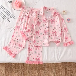 Conjunto de cardigan con cuello de lazo y estampado floral y pantalones para niñas