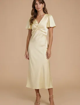 Womens Butter Yellow Satin Twist Front Angel Sleeve Midi Bridesmaid Dress - Size 10 Uk - OASIS - FashionsVida