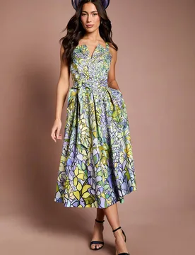 Women's Lisa Tan Floral Printed Full Skirted Midi Dress Size: 12 - Multicolor - Size: 12 - Coast - FashionsVida