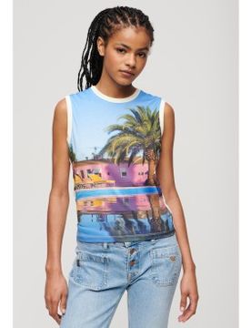 Para mujer. W6011959A Camiseta de tirantes con subestampado (L), Casual, Algodón, Sin mangas / Tirantes