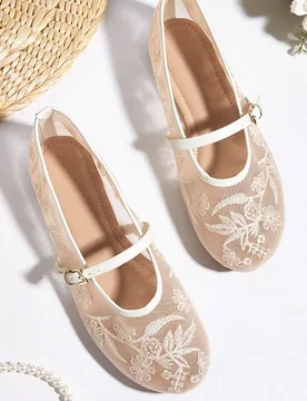 Sandalias planas romanas de malla transpirable bordada en color albaricoque, estilo casual/de oficina/vacaciones, para primavera/verano 2025. Bailarin - Shein - FashionsVida