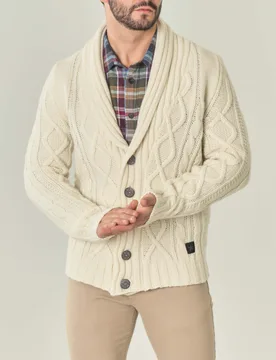 Maglione cardigan avorio in lana lavorato a trecce - My Stuff - FashionsVida