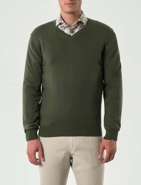 Maglia Pellizzari verde militare scollo a V in puro cotone made in Italy - Rodolfo Pellizzari - FashionsVida