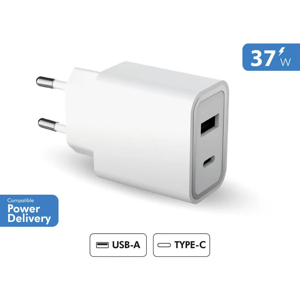 Cargador a Pared Doble Power Delivery USB A+C 12W+25W - FORCE POWER - FashionsVida