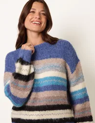 Striped Round Neck Knit Jumper - S/M / BLUE - female