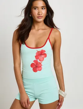 Womens Flower Printed Cami Top And Sweat Short Set - Blue Cotton - Size Medium - Boohoo - FashionsVida