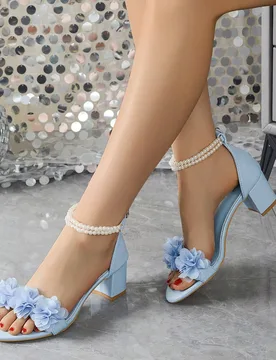 Nuevas sandalias de tacón alto versátiles de moda para mujer, tacón grueso, estilo hada elegante con decoración floral y de perlas, tacón medio c - Shein - FashionsVida