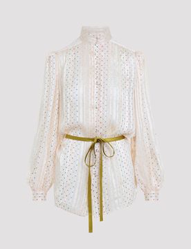 Women's Silk Button-Front Shirt with Metallic Fiber Detail