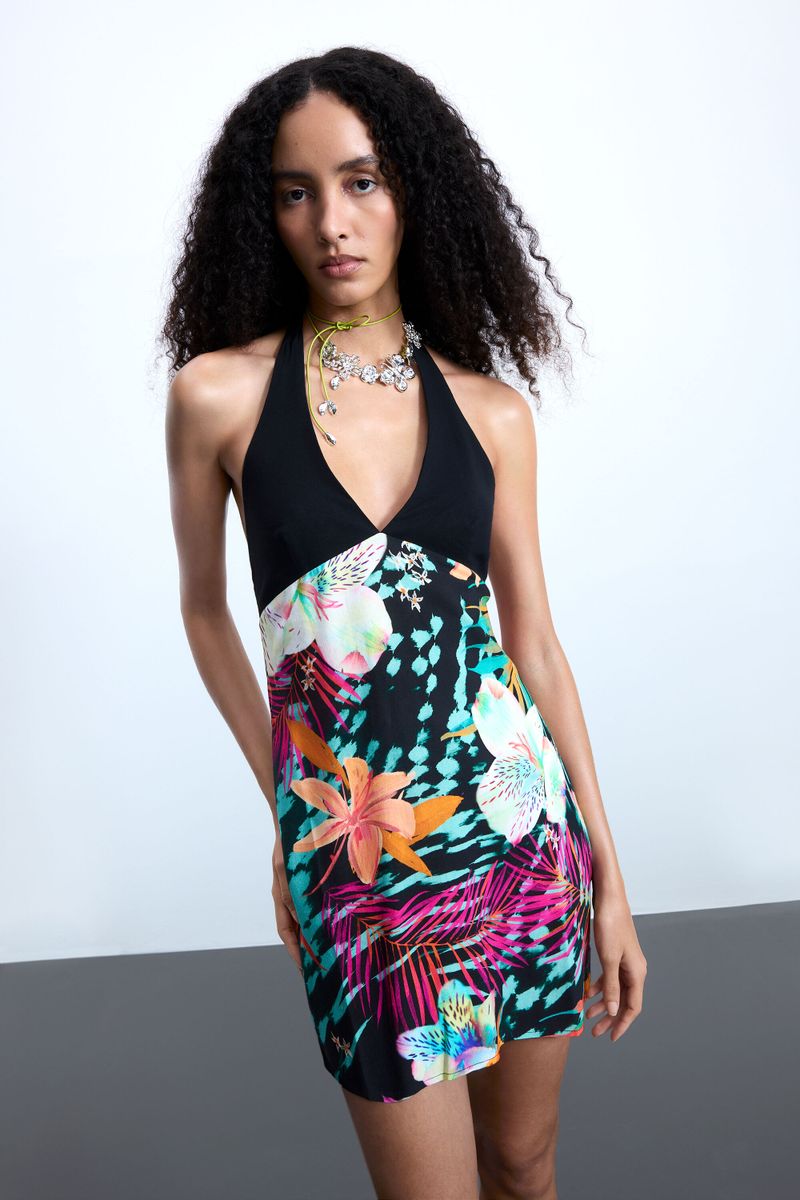 Vestido corto tropical, Mujer, Viscosa, Negro, S