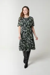 Floral Crew Neck Mesh Midi Dress - M / BLACK PATTERN - female