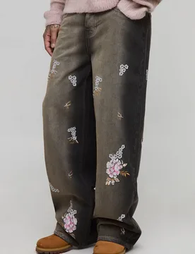 Herren Hohe Baggy Steife Jeans Hosen mit Blumenstickerei Brown Größe 40 - boohooMAN - FashionsVida