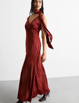 Womens Plain Scarf Detail Tie Neck Maxi Dress - Rust - Size 14 Uk - Warehouse - FashionsVida