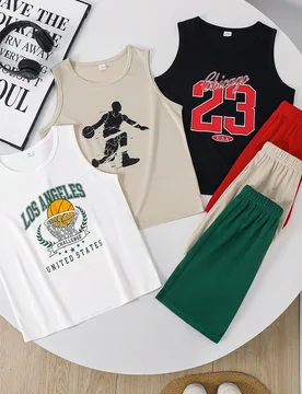 Conjuntos de 2 piezas para niños y preadolescentes, camiseta sin mangas de cuello redondo con estampado de letras y pantalones cortos, estilo casual - Shein - FashionsVida