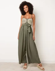 Gold Detailed Embroidered Stitching Jumpsuit - M/L / KHAKI - female