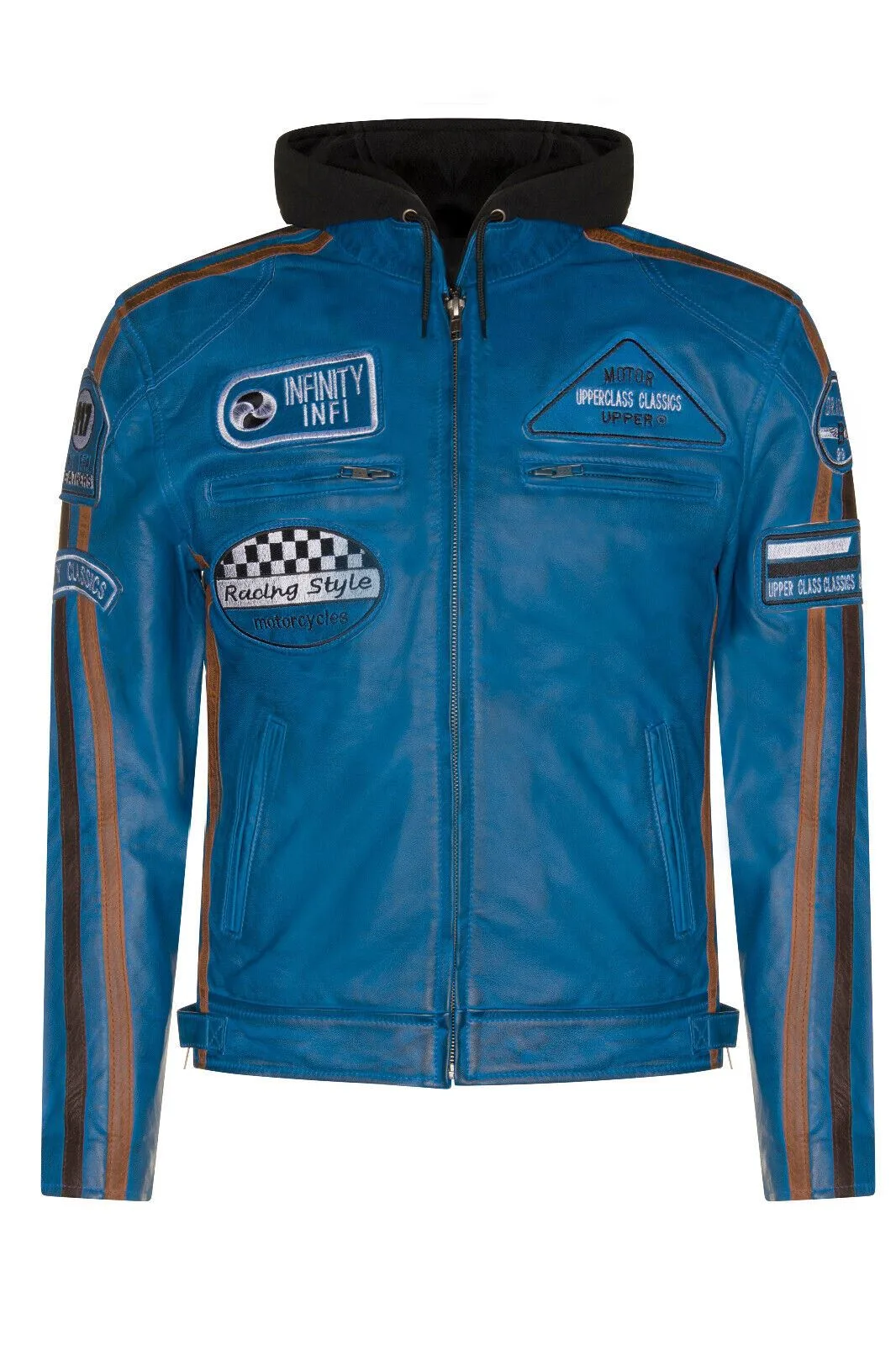 Mens Racing Hooded Biker Jacket-Detroit - Blue - Size Medium - Infinity Leather - FashionsVida