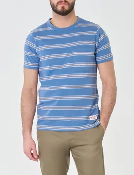 T-shirt blu indaco mezza manica in pima cotton a righette bianche con taschino - My Stuff - FashionsVida