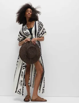 Pure Cotton Shell Print Maxi Kaftan Black Mix female - M&S - FashionsVida