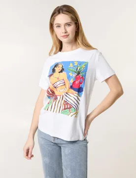 T-Shirt With Colorful Print - M/L / WHITE - female - Blue Vanilla - FashionsVida