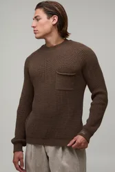 Mens Regular Fit Raglan Ribbed Knitted Jumper - Taupe - Size Large