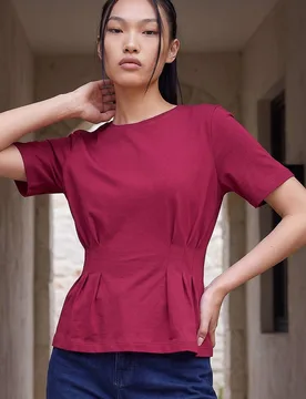 Women's Pintuck Stretch T-shirt in Wine Size: 10 - Wine - Size: 10 - Dusk - FashionsVida