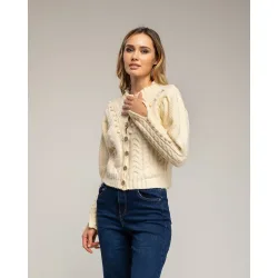 Cárdigan de mujer de punto de crochet con detalles de pompones