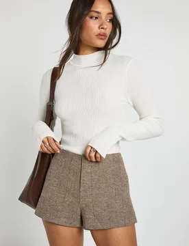 Womens Premium Herringbone Tailored Shorts - Brown - Size 14 Uk - Boohoo - FashionsVida