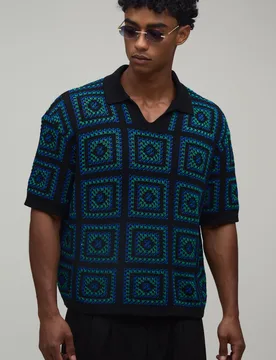 Mens Oversized Boxy Crochet Tapestry Knitted Polo - Green - Size Small - boohooMAN - FashionsVida