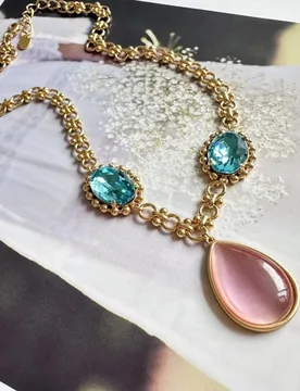 Dainty Floral Chain Necklace with Aqua Glass Teardrop & Pink Cat Eye Stone, Elegant Blush Jewelry Sweet Feminine Gift - Aliexpress - FashionsVida