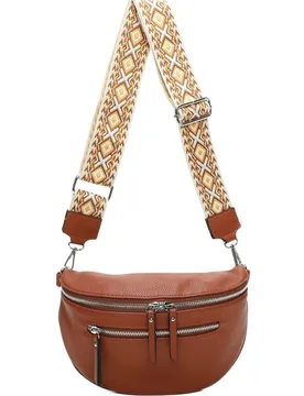 Rooney Triple Zip PU Crossbody Bag with Canvas Strap - Brown - Size: One Size - Fontanella Fashion - FashionsVida